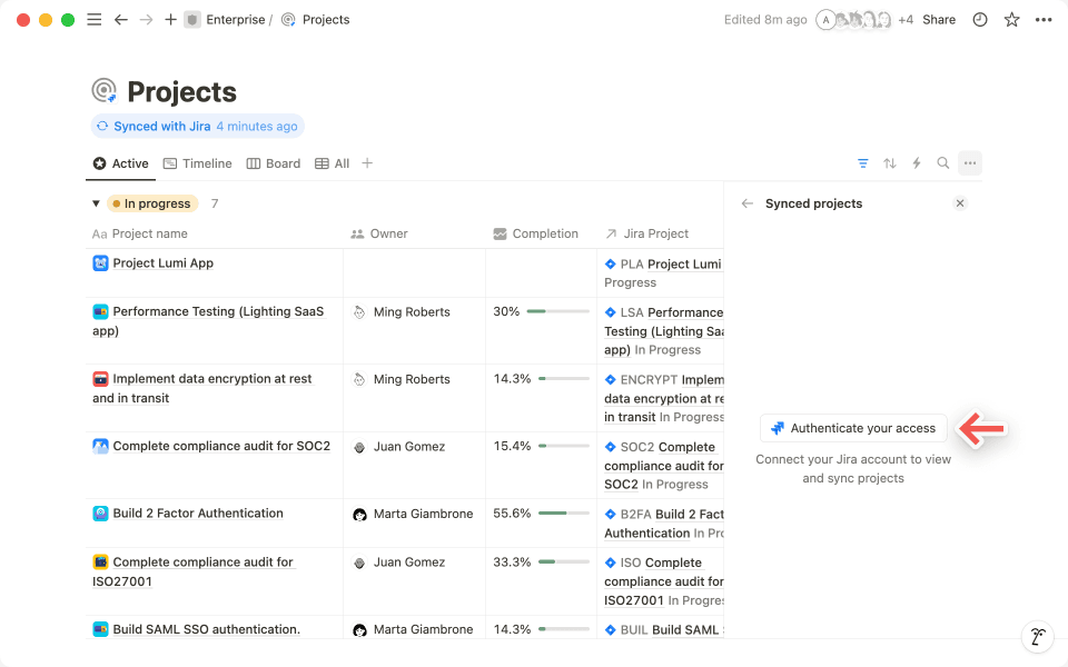 '사용 권한 인증' 을 클릭하여 본인 인증을 완료하고 Jira 프로젝트를 Notion으로 가져옵니다.
