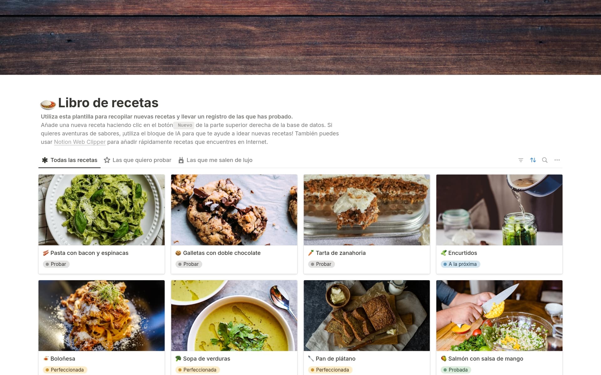 Captura de pantalla de la colección Tu caja de recetas creada por Notion